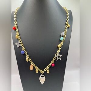 Charm Necklace Bee Heart Star Butterfly Gold Tone with Colorful Beads  Long